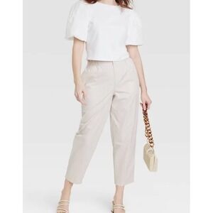 A New Day Cropped Pants‎ Elastic Waist Casual Trousers Beige Size M